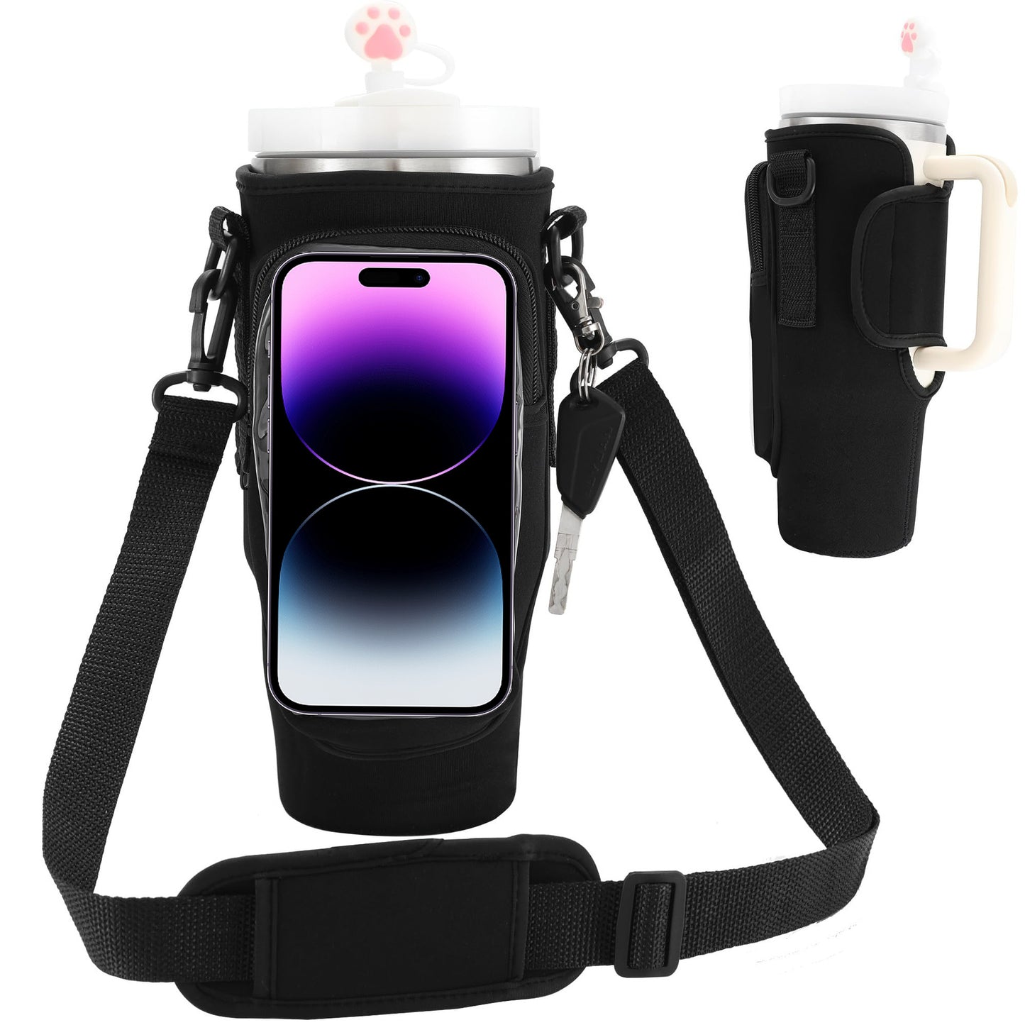 Portable Matching Water Bottle Carrier Pouch with Phone Pocket & Adjustable Strap