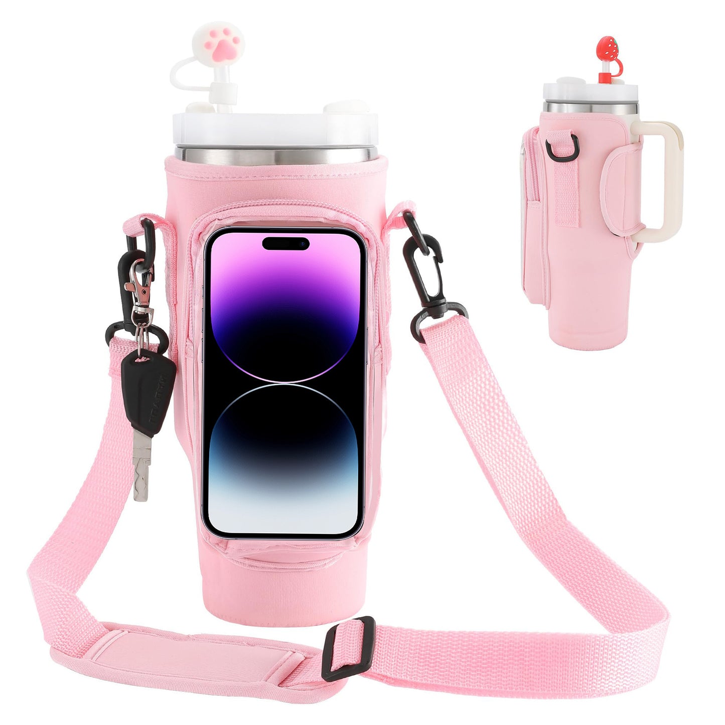 Portable Matching Water Bottle Carrier Pouch with Phone Pocket & Adjustable Strap