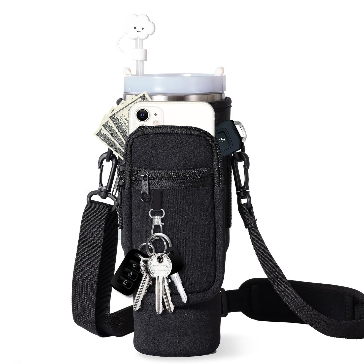 Portable Matching Water Bottle Carrier Pouch with Phone Pocket & Adjustable Strap