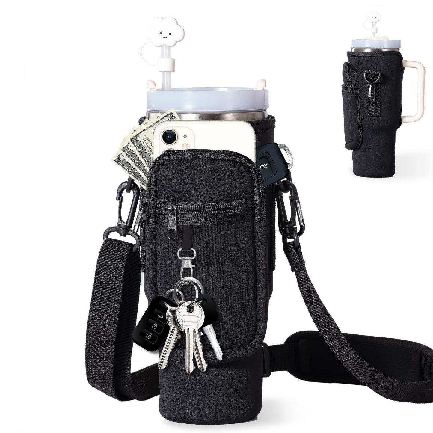 Portable Matching Water Bottle Carrier Pouch with Phone Pocket & Adjustable Strap